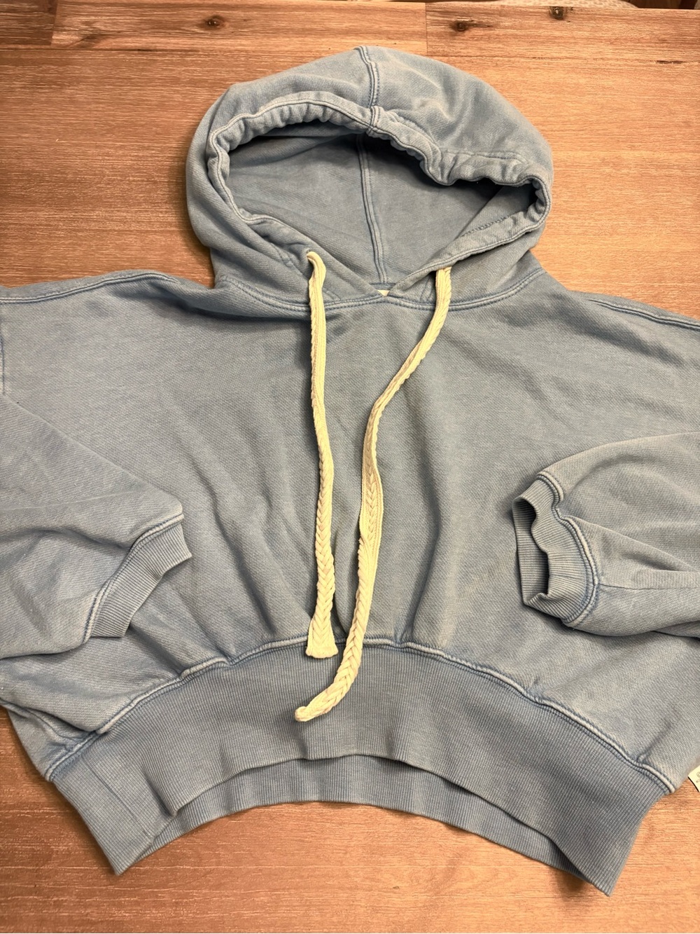 Anthropologie Light Blue Cropped Hoodie with Cream Drawcord